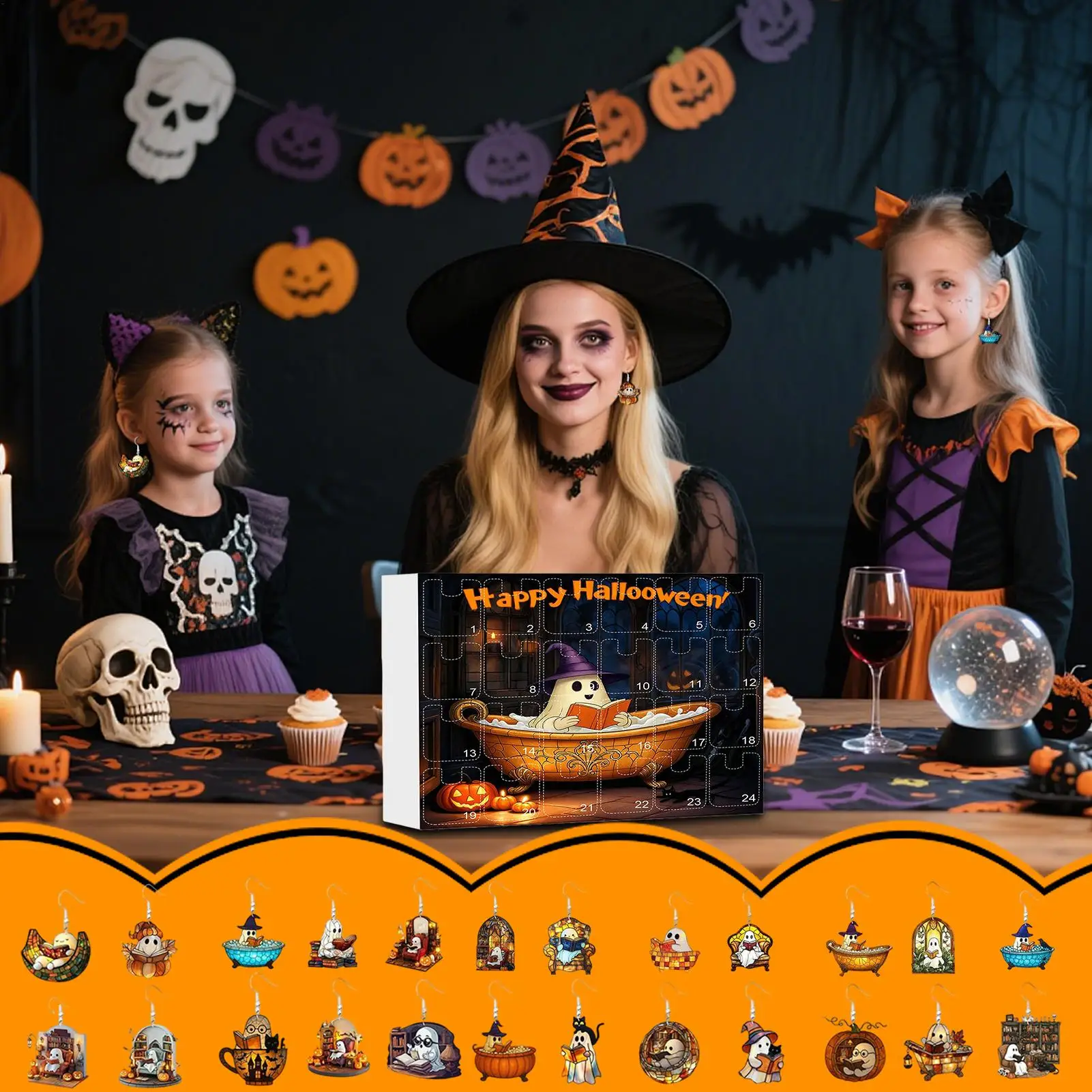 Halloween Advent Calendar Ghost Earrings 24 Day Set - Image 3