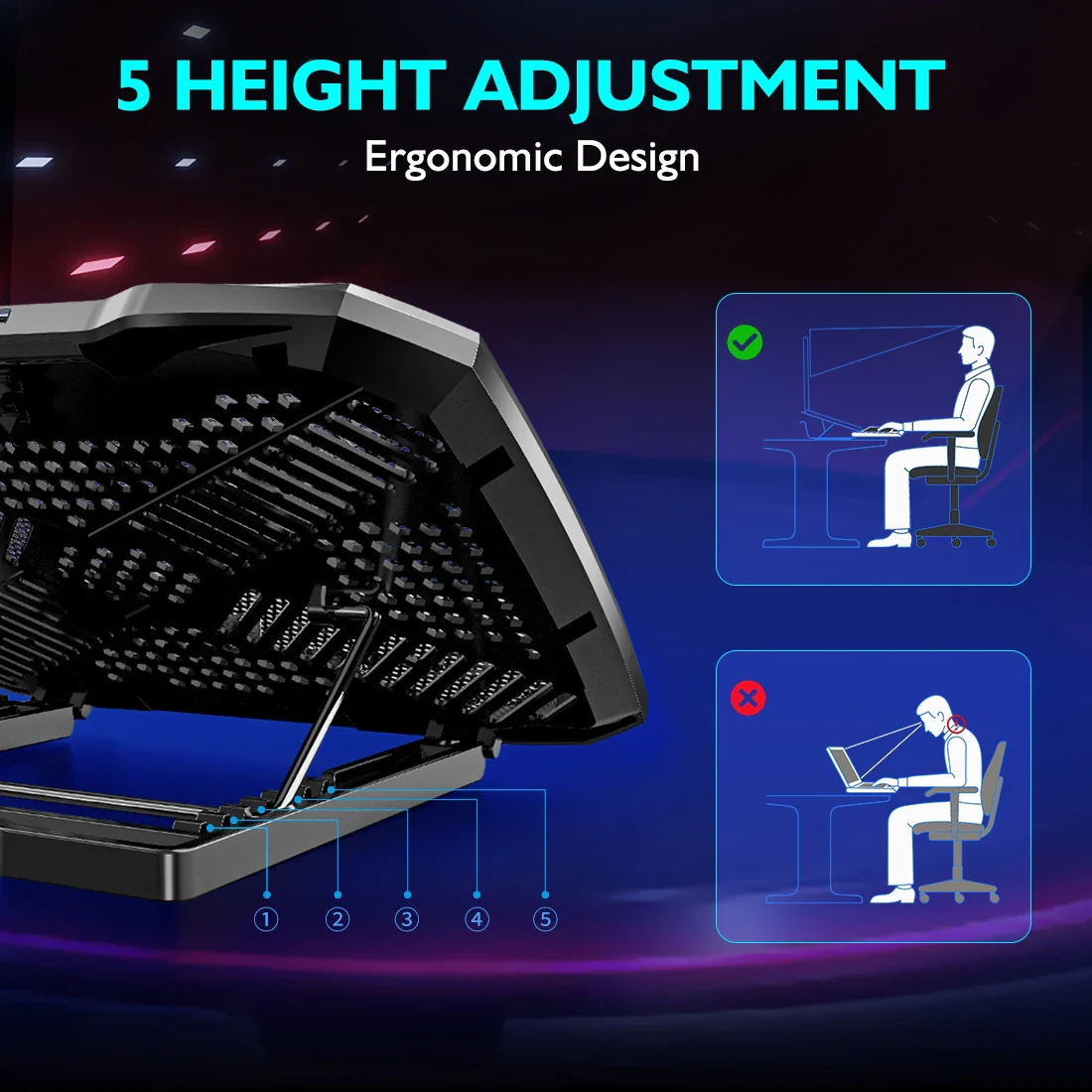 Laptop Cooling Pad with 5 Quiet Fans, Adjustable Height & Phone Holder - Compatible with 12-15.6 Inch Laptops - Image 5